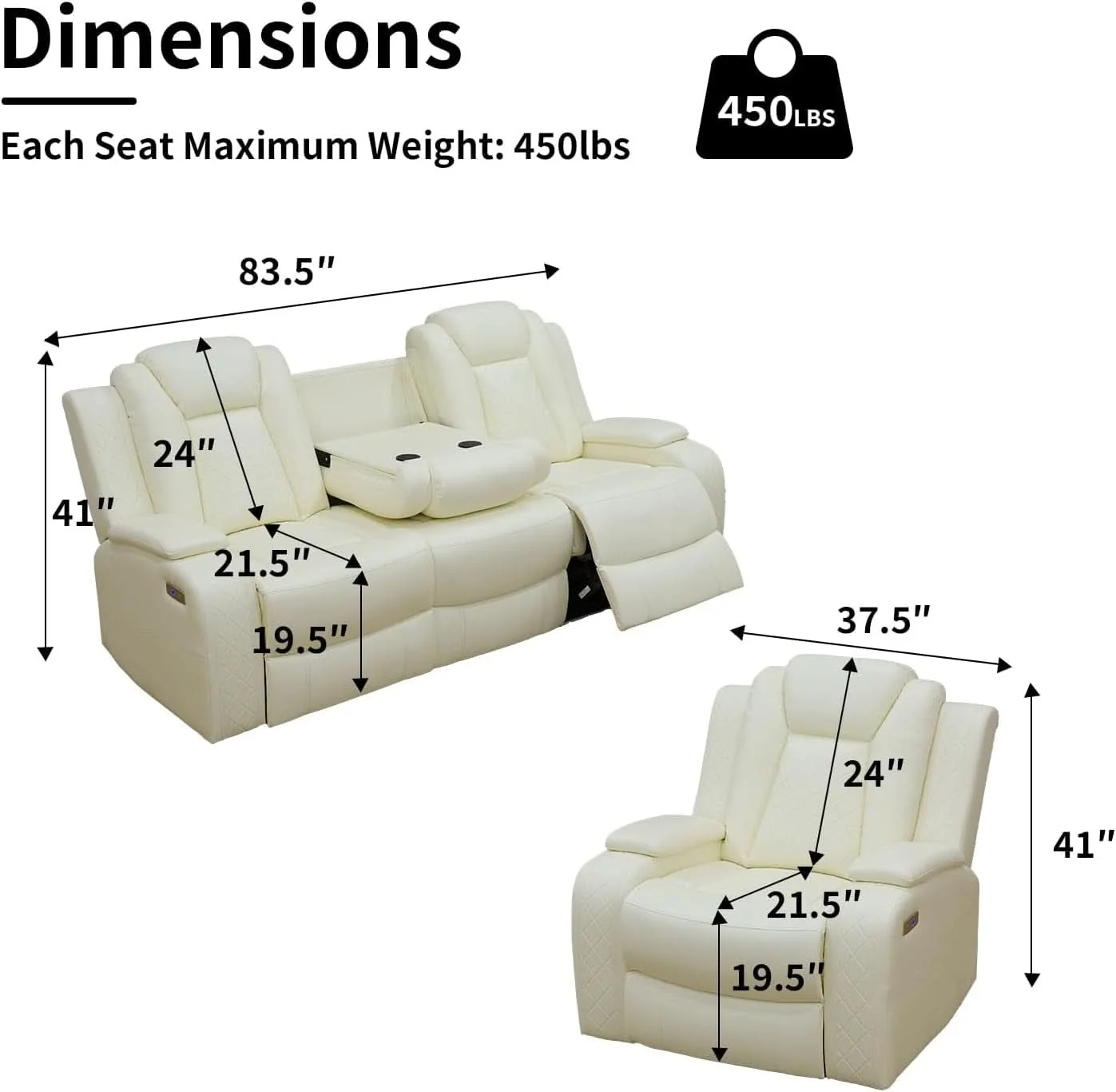 Eco-Friendly White Leather Power Reclining Sofa Set for Living Room High-Performance
