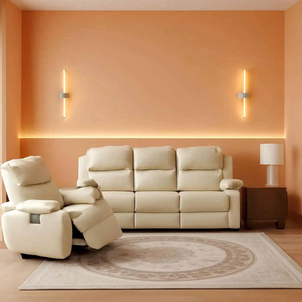 Relaxed Beige Manual Leather 3 Piece Recliner Sofa Set For Living Room Smooth