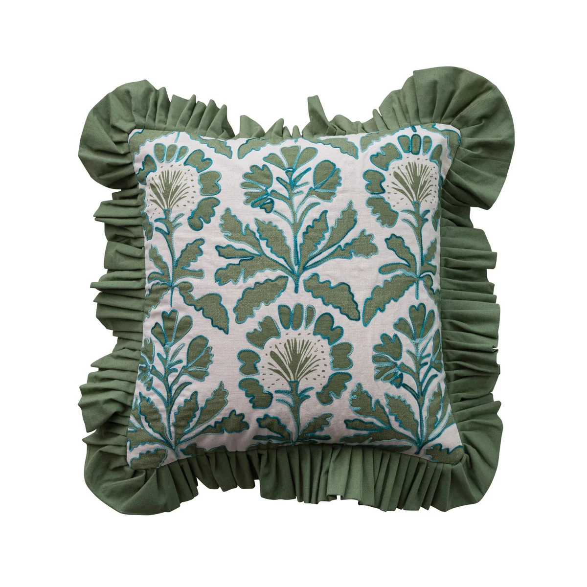Smooth Embroidery Ruffle Square Cotton 18-inch Pillow with Floral Pattern Breathable