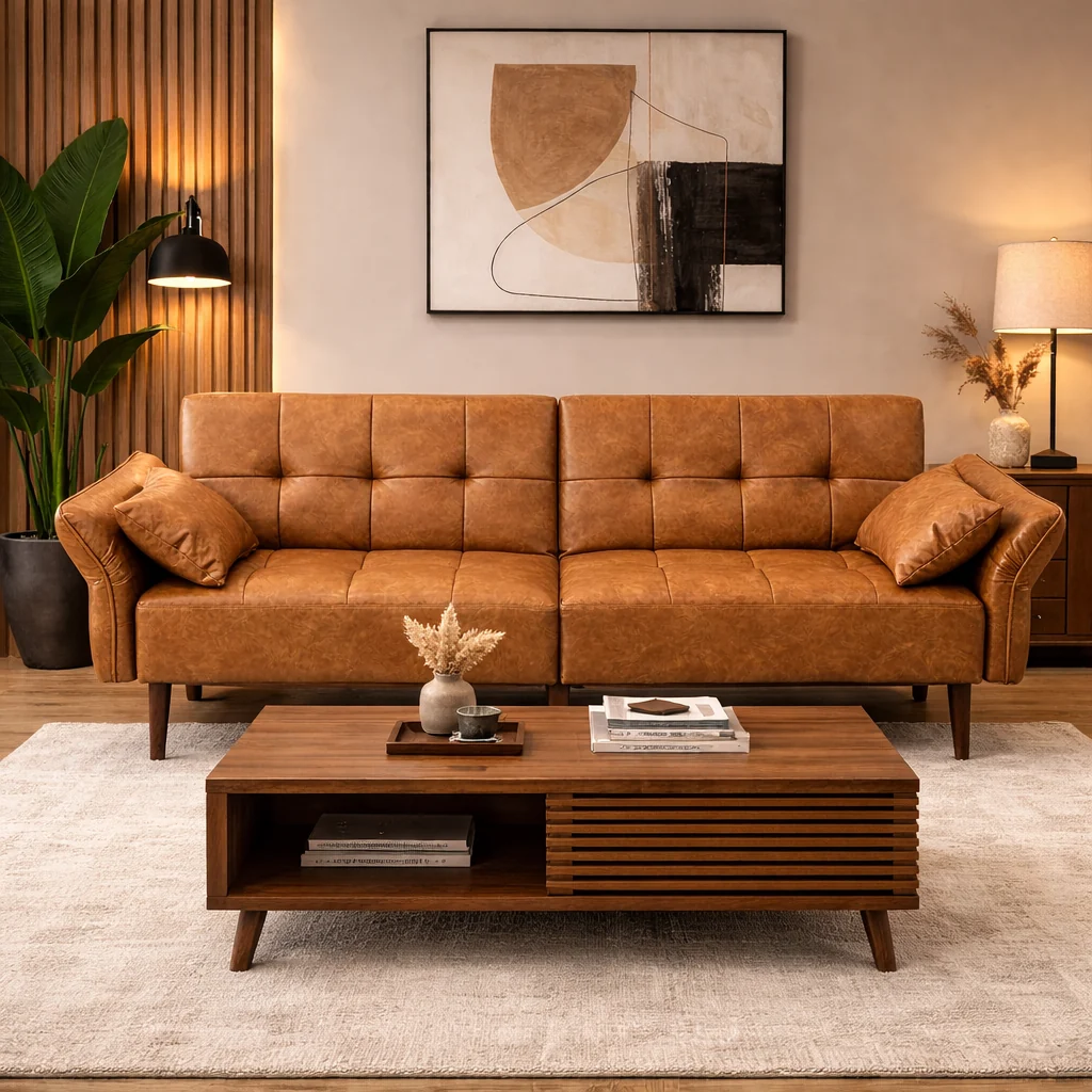 Fine Crafted Mid Century Futon Sofa Bed with Walnut Coffee Table Living Room Set High-Grade