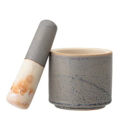 User-Friendly Stoneware Mortar Pestle Reactive Glaze Matte Grey Set of 2 Superior