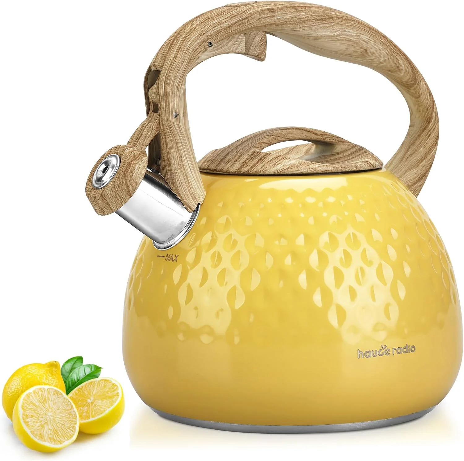 Verified Tea Kettle Stovetop Teapot 2.5 Quart Loud Whistle Food Grade Stainless Steel and Smooth Wood Pattern Handle Sophisticated Look for Hiking Picnic for Tea Coffee Yellow Luxury