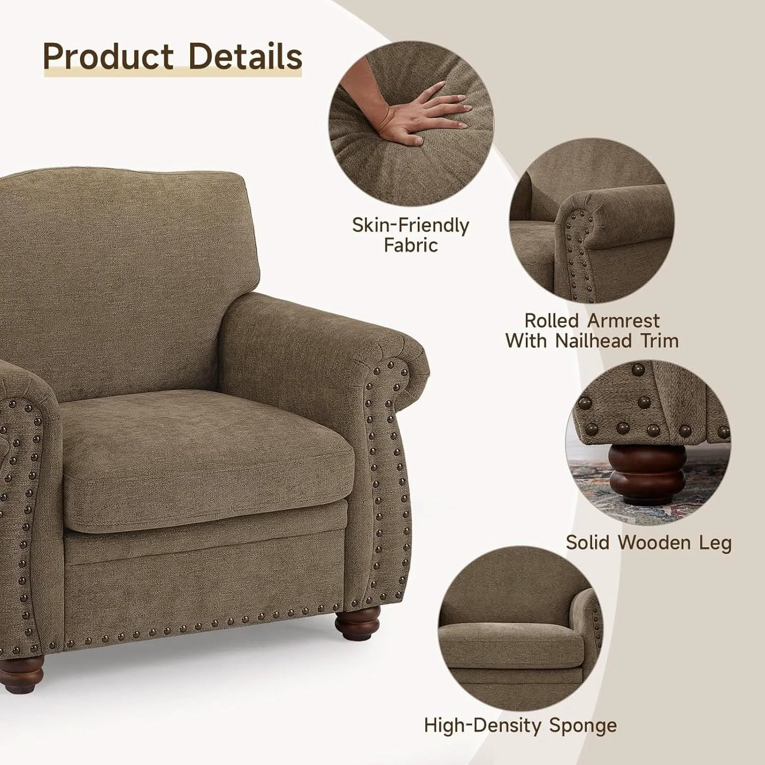 Sophisticated Brown Nailhead Trim Armchair For Living Room Decor Dependable