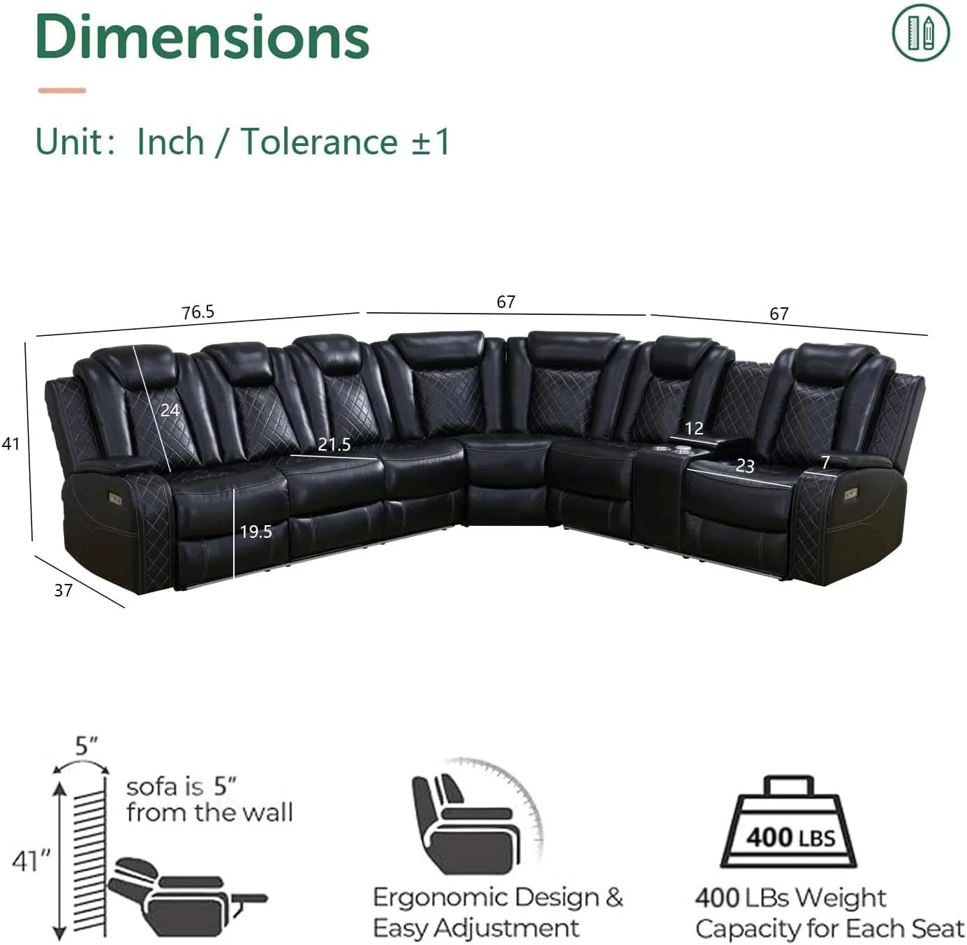 Breathable Black Leather Power Reclining Sectional Sofa Living Room Powerful