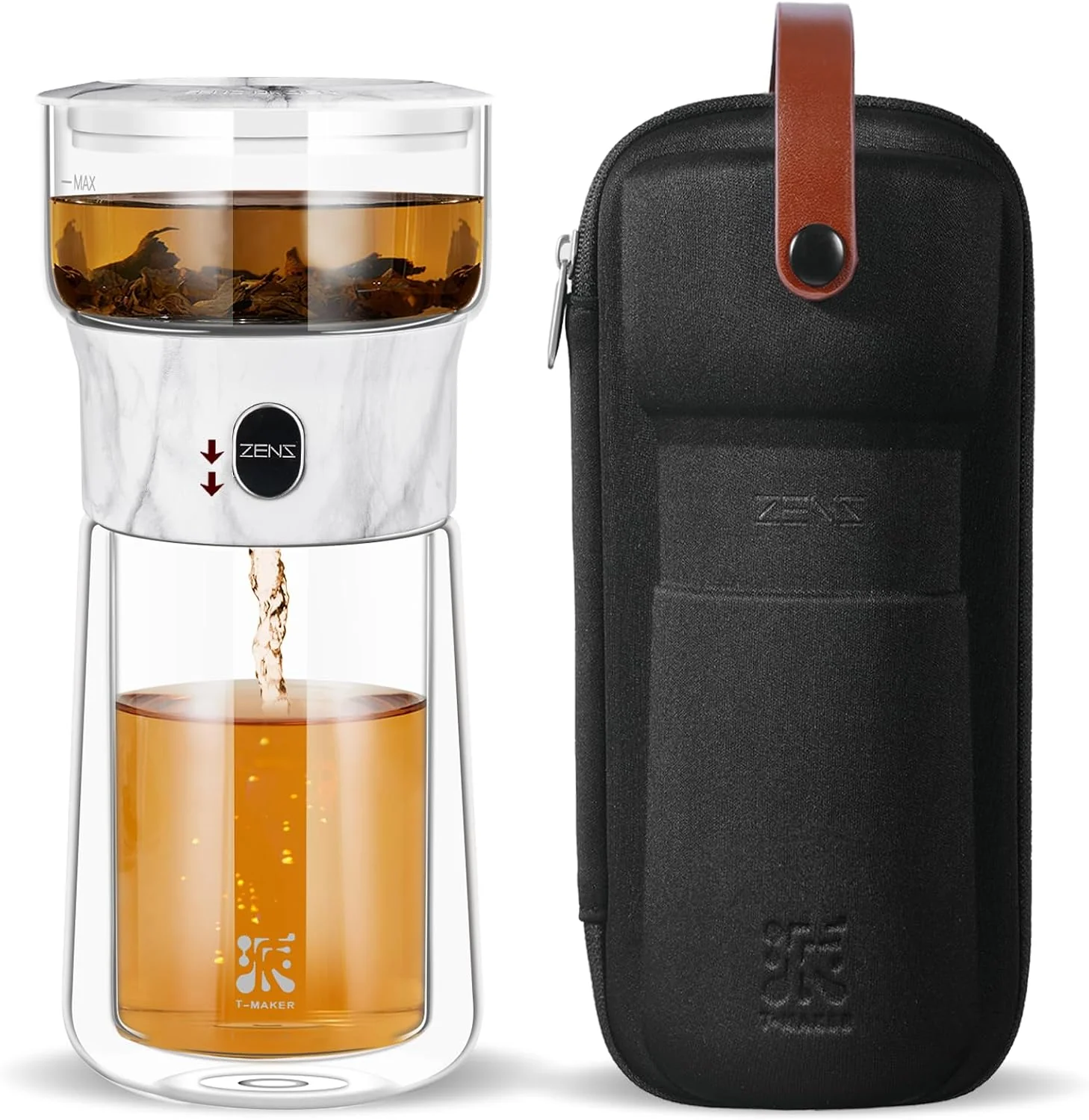 Minimalist ZENS Modern One Touch Tea Maker Glass Tea Infuser Pot for Loose Leaf Tea Teapot Modern Tea Diffusers with 9oz Insulated Mug and Portable Bag for Tea Lovers Gifts Marble Carefully Designed