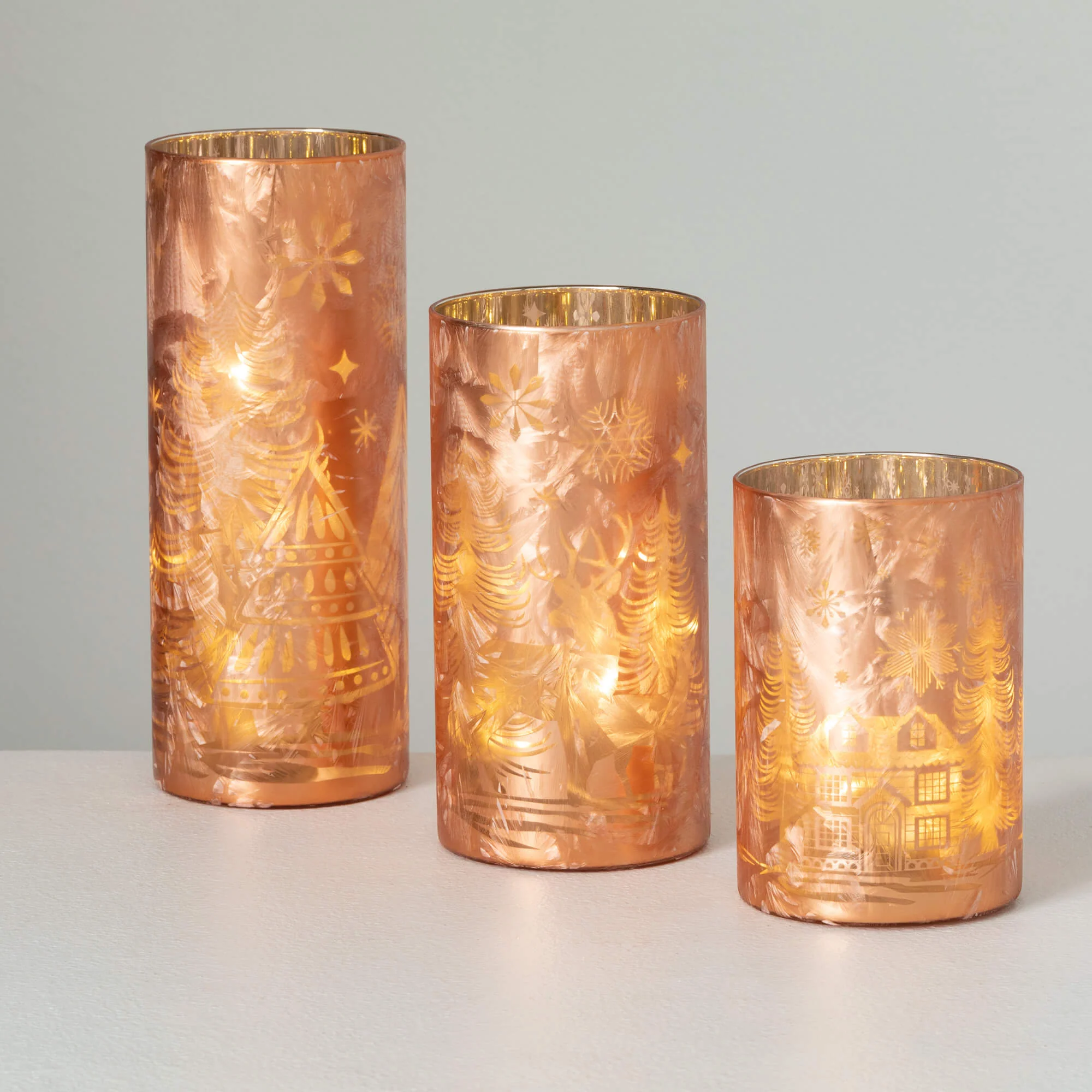 Outstanding Frosted Gold Cylinder Lighted with Village Scene Trusted
