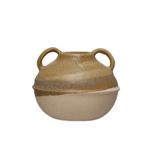 Easy-to-Use Stoneware Tri-Tone Vase w Handles Reactive Glaze Trendy