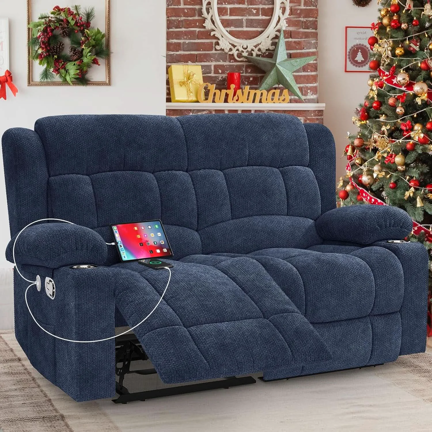 Advanced Blue Fabric Reclining Loveseat With USB Ports For Living Room Selected