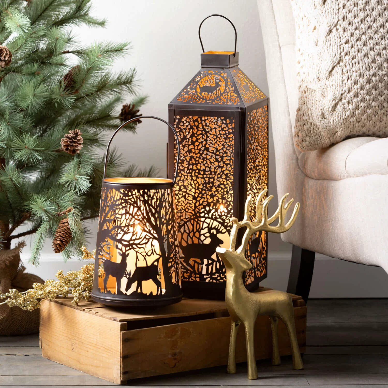 Green Metal Deer Lantern Brown Genuine