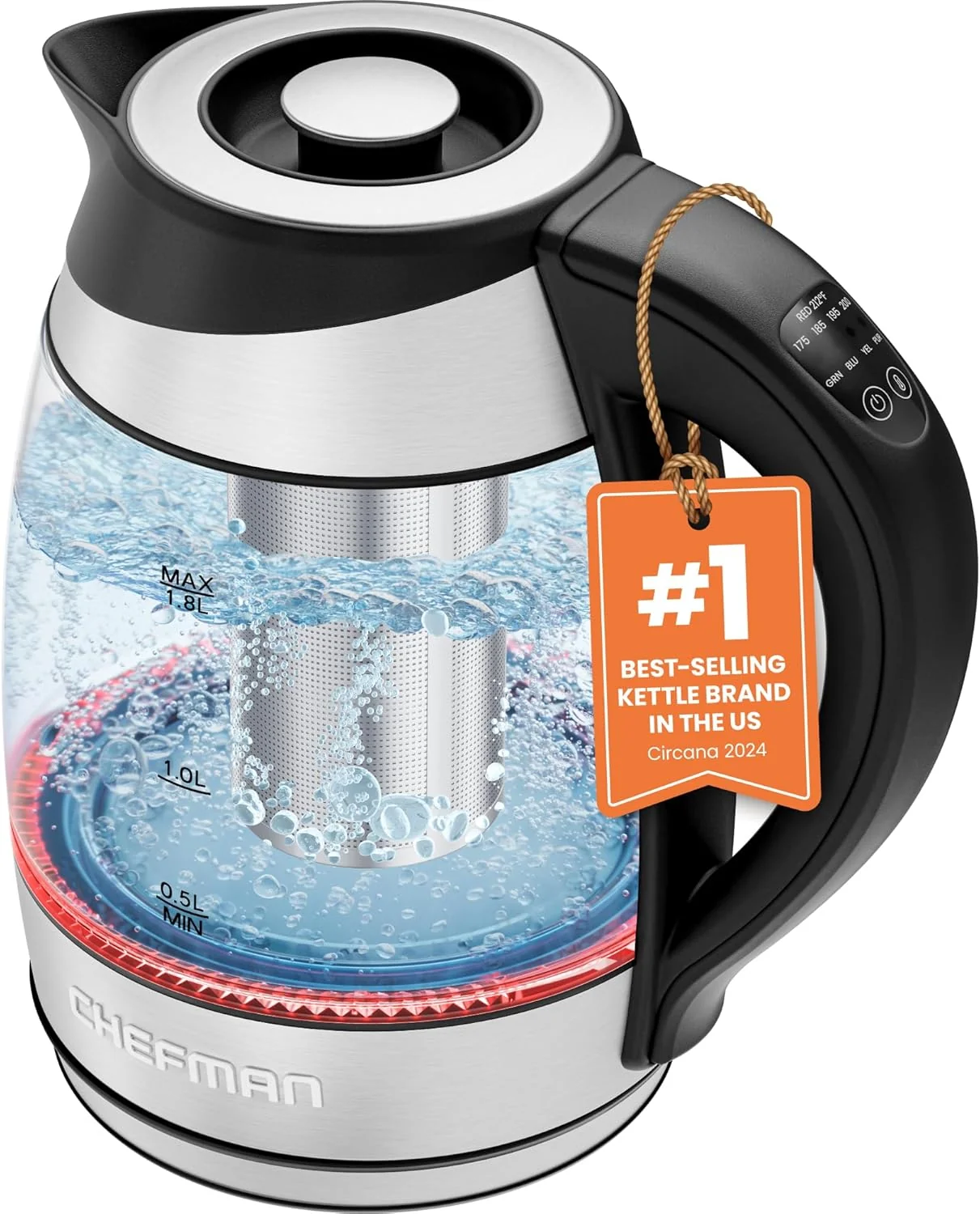 Clean Chefman Electric Kettle with Temperature Control 5 Presets LED Indicator Lights Removable Tea Infuser Glass Tea Kettle Hot Water Boiler Secure