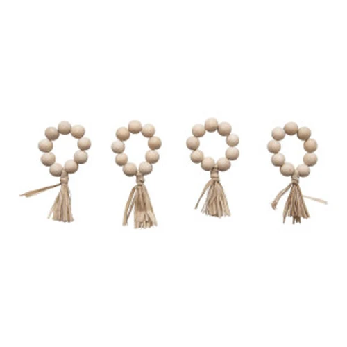 Functional 2-1 4 Round Wood Bead Napkin Rings w Raffia Tassel Set of 4 Detailed