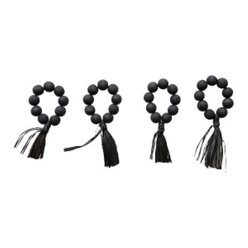 Fine Crafted 2-1 4 Round Wood Bead Napkin Rings w Raffia Tassel Black Set of 4 Proven