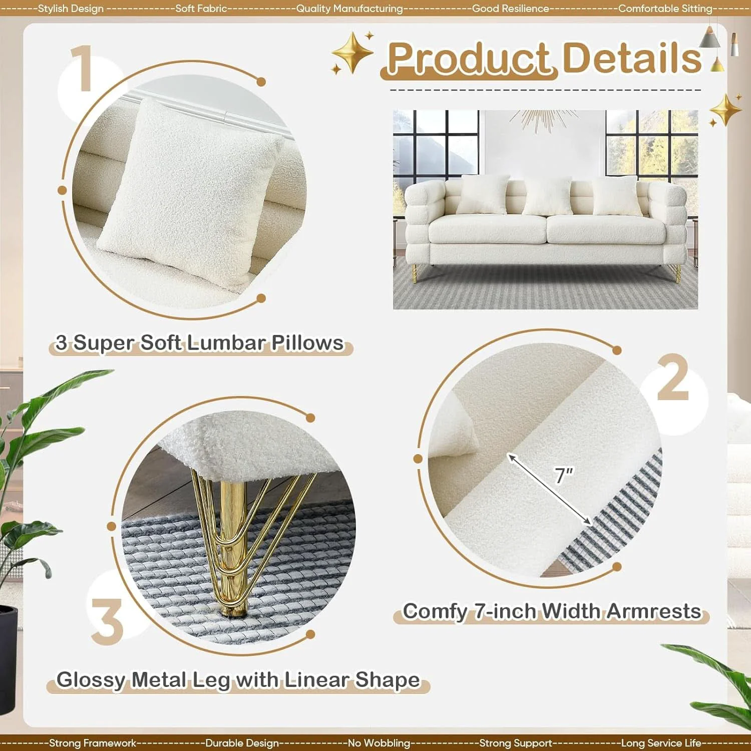 Exclusive Two Piece Living Room Sofa Set White Teddy Boucle With Loveseat And Th Breathable