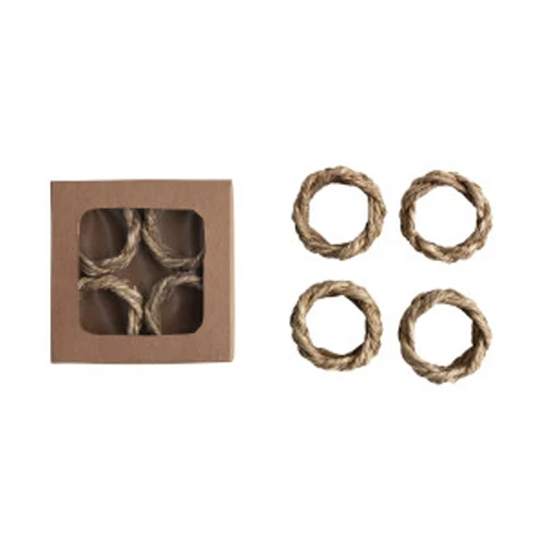 Fashionable 2 Round Braided Seagrass Napkin Rings Natural Set of 4 in Box Contemporary