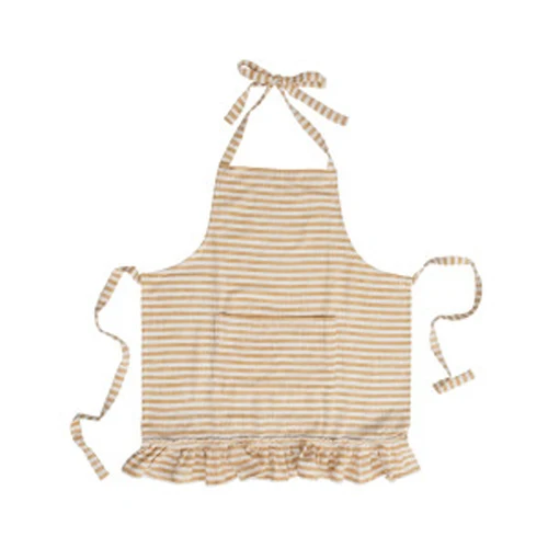 Environmentally Friendly Woven Cotton Striped Apron w Ruffle Yellow White Responsible
