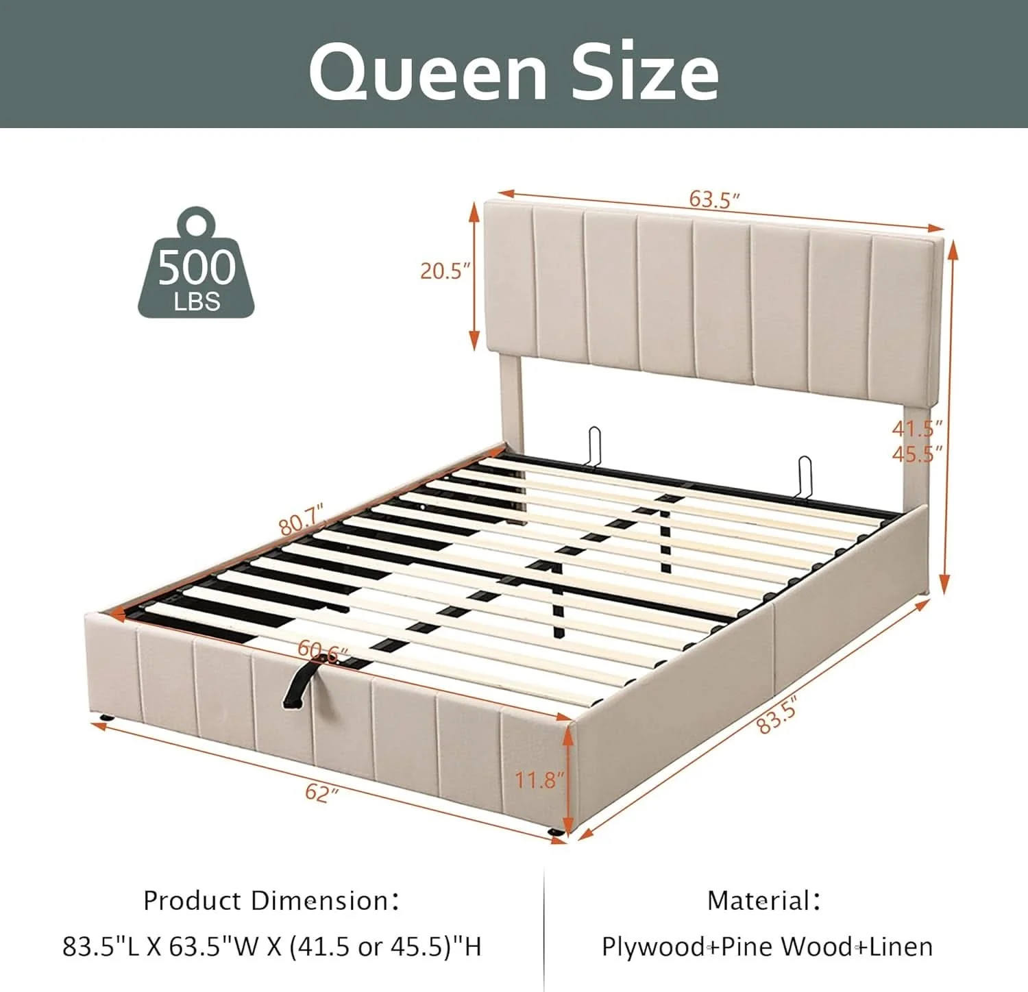 Efficient Gas Lift Storage Platform Bedframe Queen Upholstered First-Class