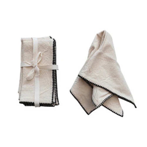 Secure 18 Square Cotton Napkins w Edge Stitching Natural Black Set of 4 World-Class