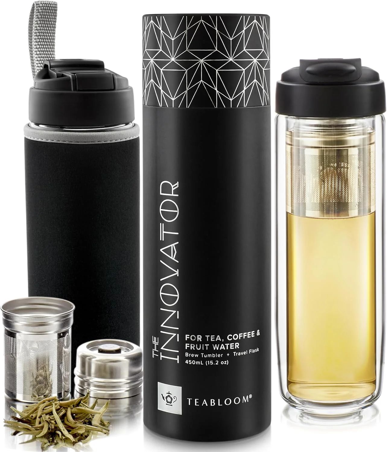 Eco-Friendly Teabloom Travel Tea Infusing Cup – Insulated Borosilicate Glass Bottle with Magnetic Controlled Infuser and Flip Lid for Hot Tea Cold-brew Coffee Fruit Water – The Innovator Tumbler 15oz 450ml Authentic