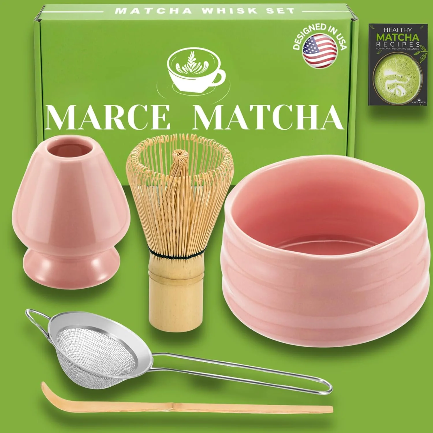 Reusable Marce Matcha Whisk Set- Matcha Set includes Matcha Bowl Sifter Holder and Scoop- The Bamboo Whisk for Matcha Tea Pink Innovative