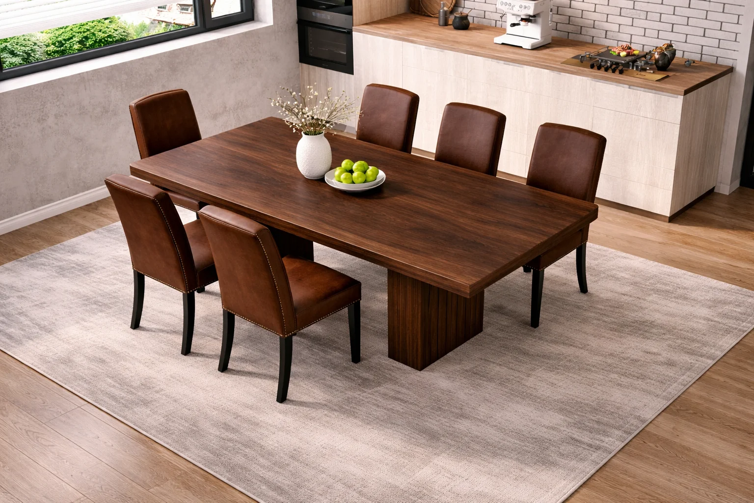 Premium Material 78 Inch Walnut Fluted Dining Table with 6 PU Leather Nailhead Dining C Durable