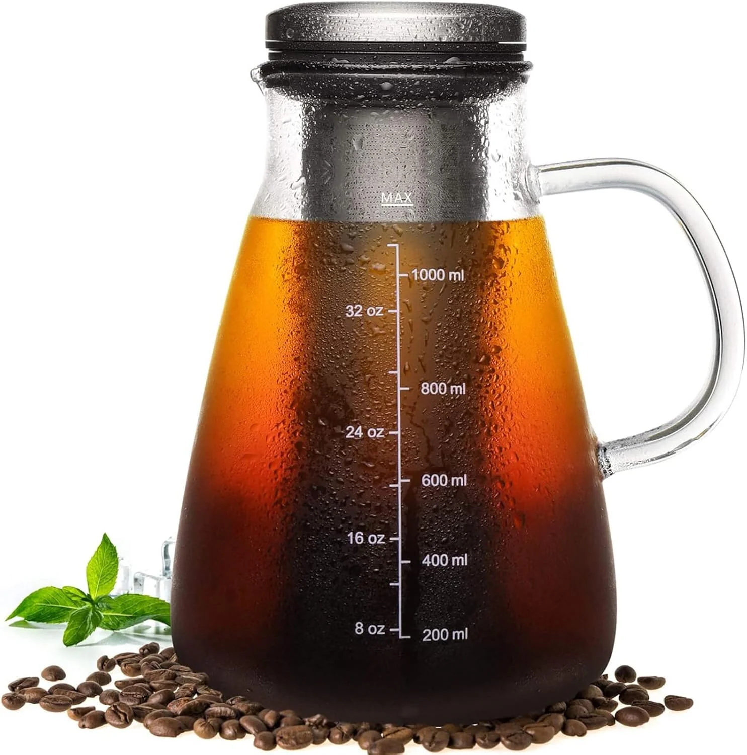 Specialty Cold Brew Iced Coffee Maker 34oz Brewed Coffee Pot with Removable Double Mesh 304 Stainless Steel Filter BPA- Cold Brew Pitcher Glass Container Natural