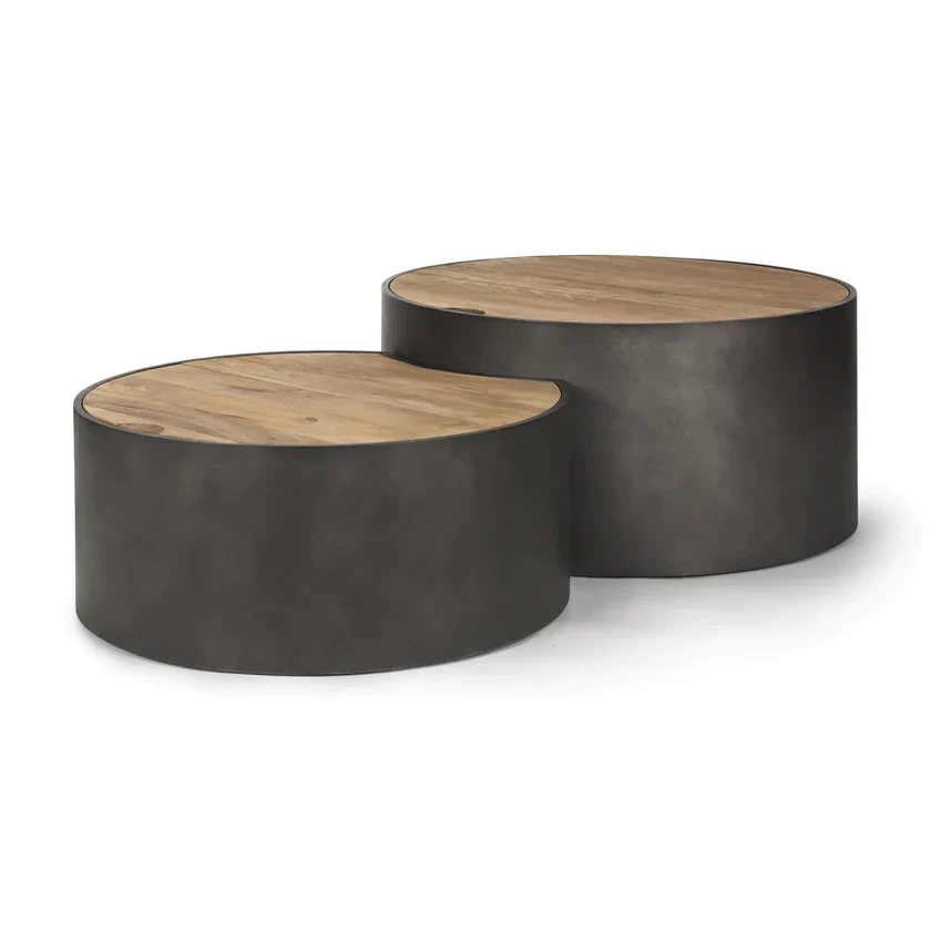 Quality Eclipse Gunmetal Gray Drum Base w Brown Wood Top Nested Coffee Table Next-Generation
