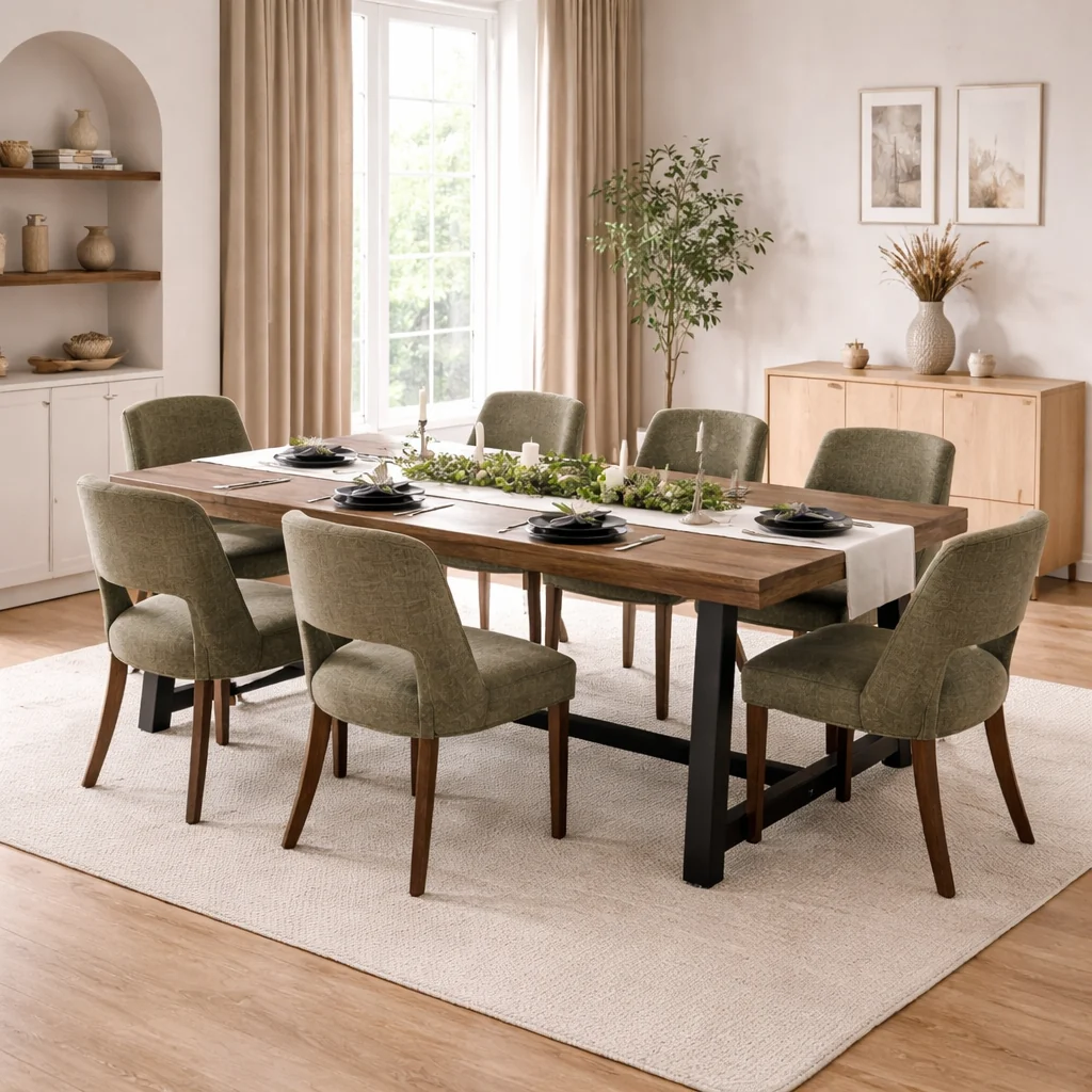 Minimalist Natural Wood Dining Table with 6 Upholstered Chairs Dining Set Table Safe