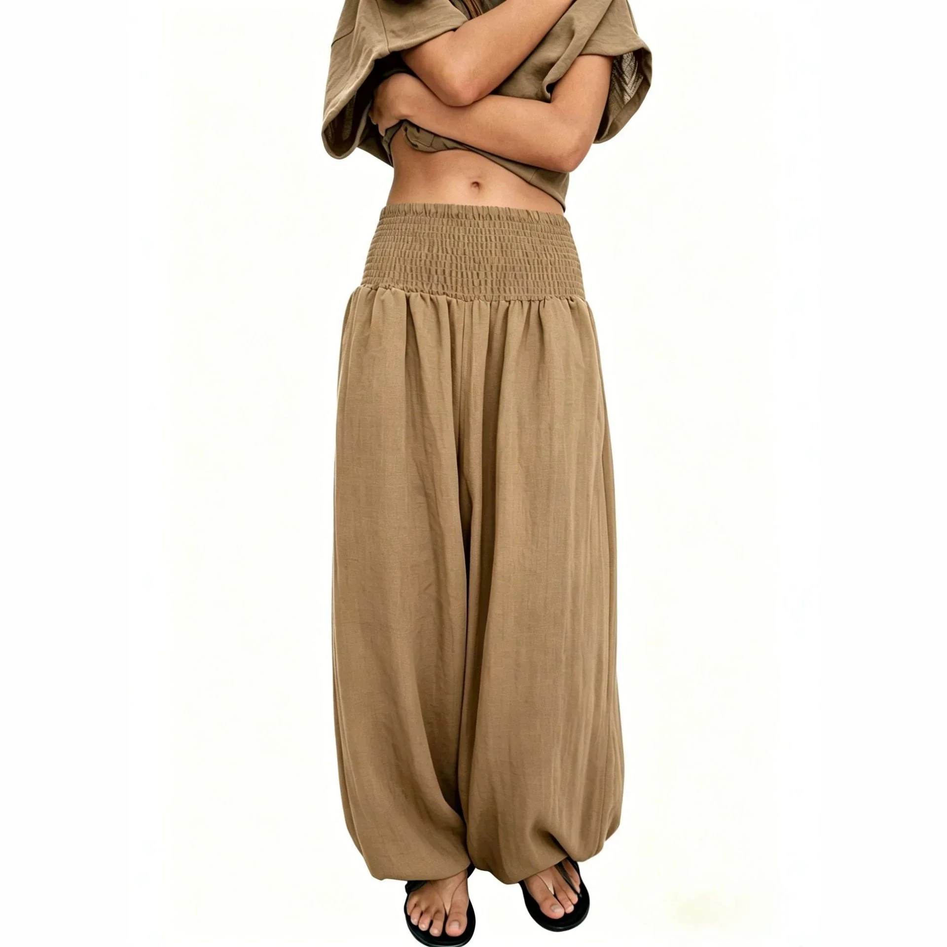 Organic Women's high waisted drawstring solid color cotton and linen fashionable casual lantern pants wide leg women Refined