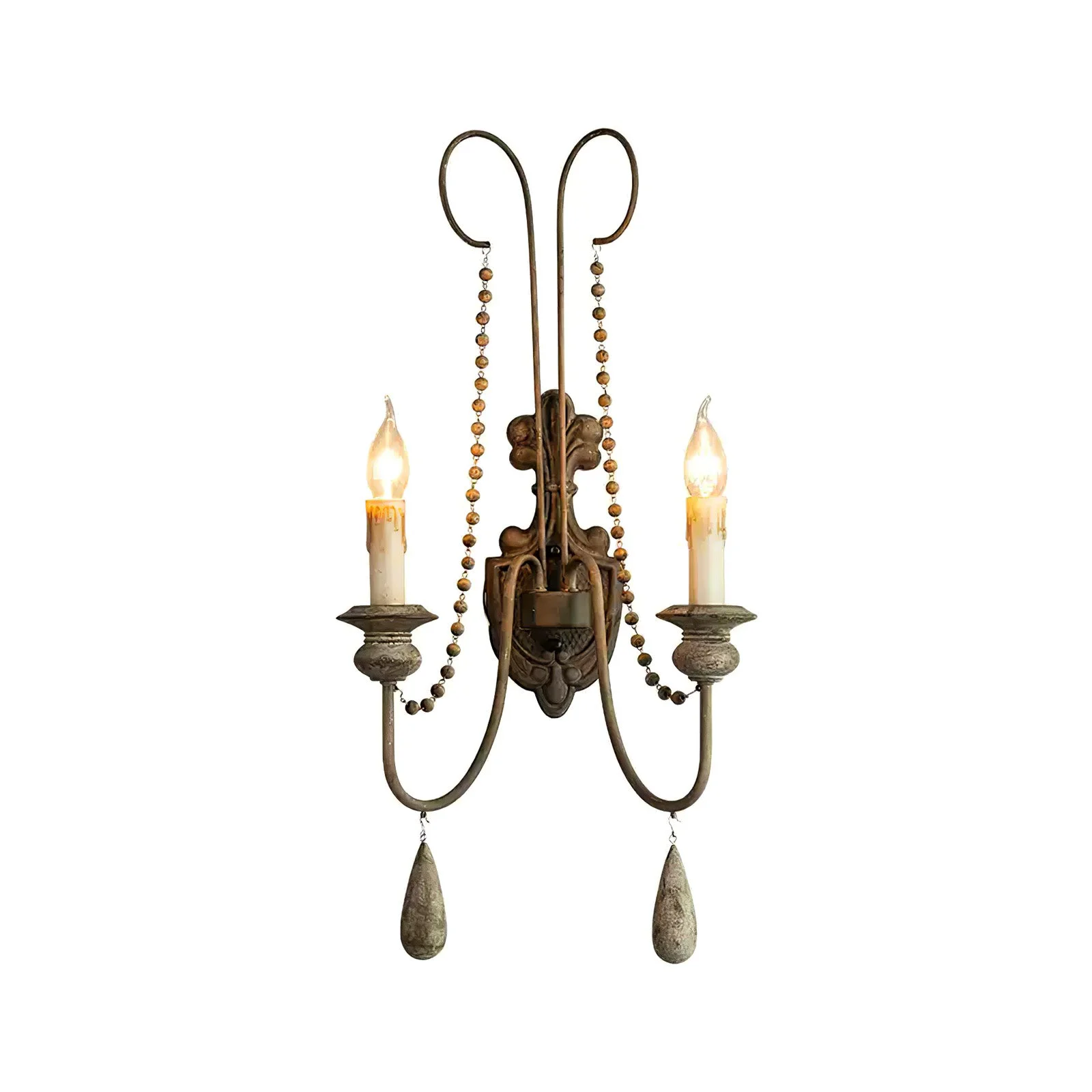 Safe White Metal Wall Sconce with Wood Backplate and 2 Bulbs Sustainable