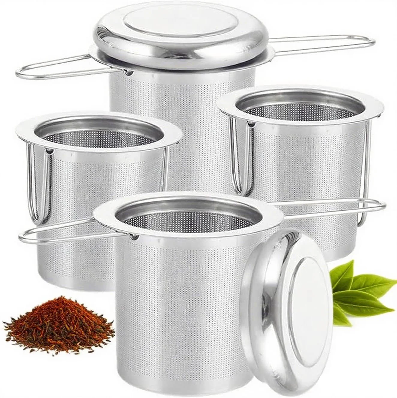 Comfortable 4 PCS Tea Strainer with Lid 304 Stainless Steel Tea Infuser Basket for Loose Tea Extra Fine Mesh Tea Diffuser Long Handle Tea Strainers Filters for Reusable