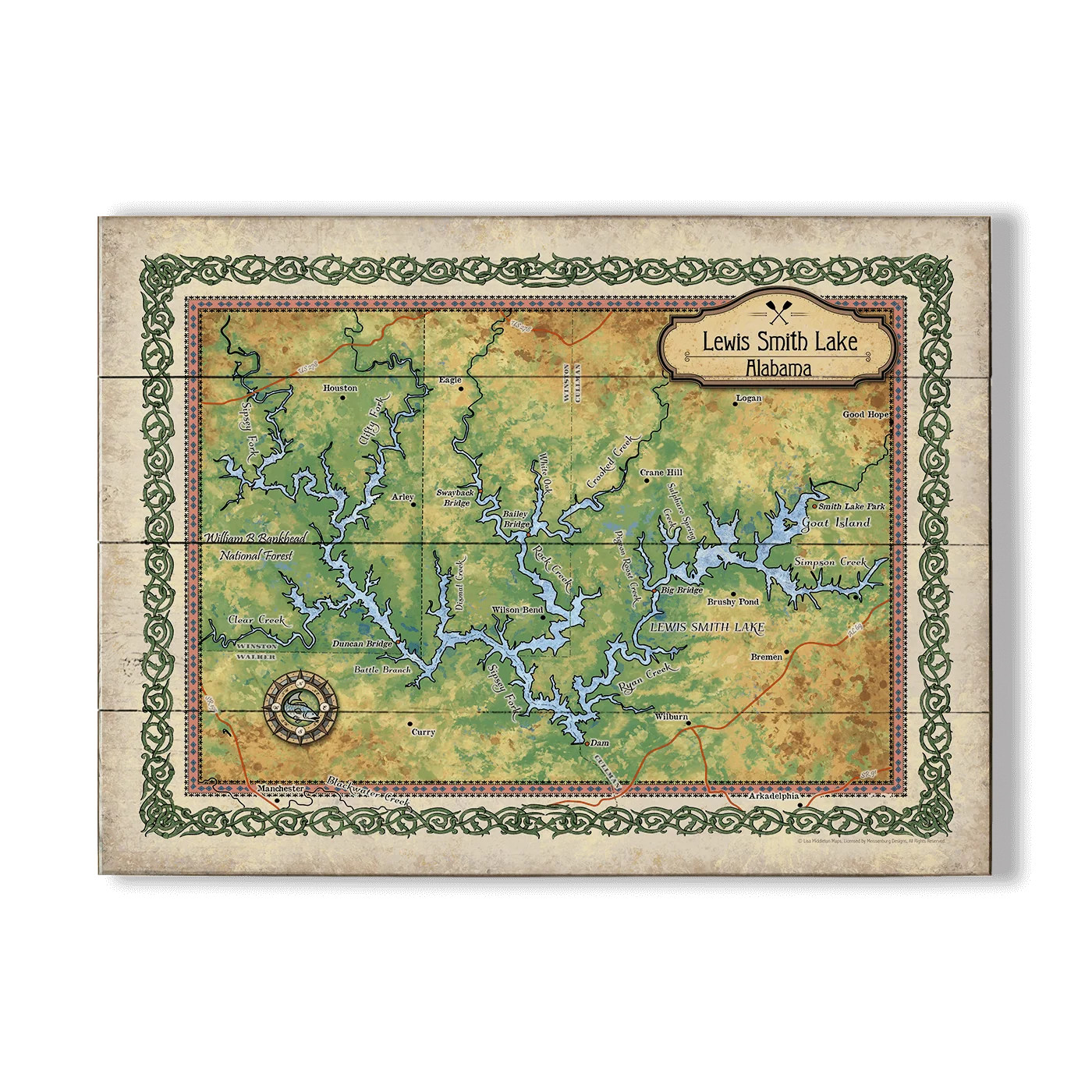 Safe Lewis Smith Lake Alabama Illustrated Map - Wall Decor User-Friendly