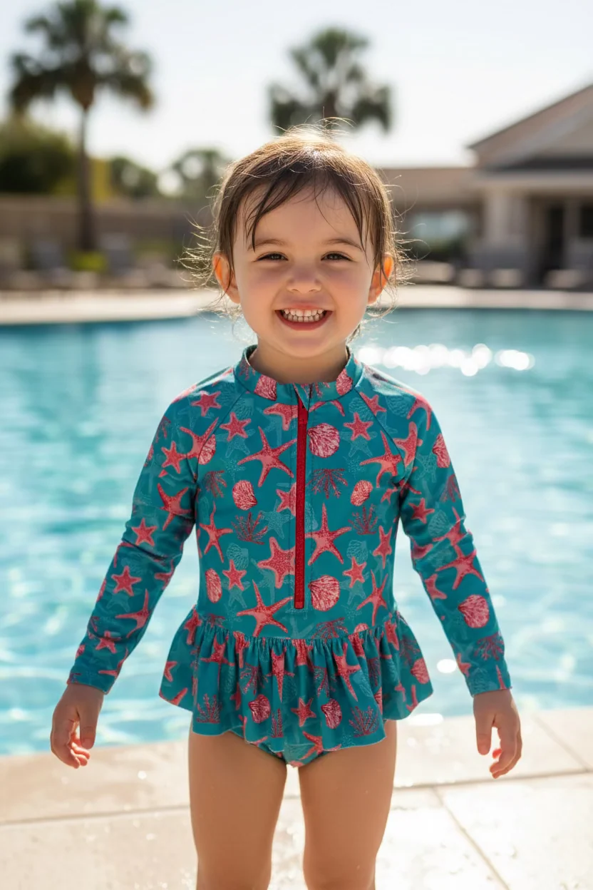 Superior Infant Girl's Printed Long Sleeve Rash Guard One-Piece with Ruffled Skirt by Love Functional