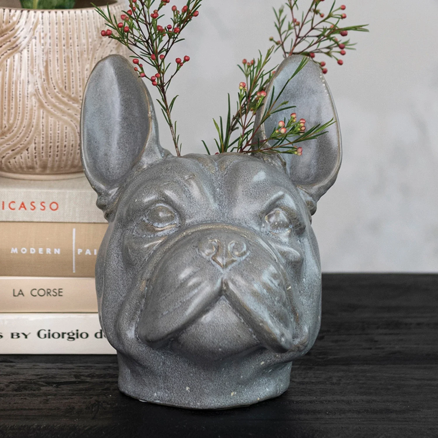 Recyclable French Bulldog Stoneware Vase Pure