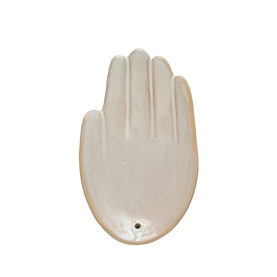 Comfortable Stoneware Hand Shaped Incense Dish Holder Reactive Glaze White Professional