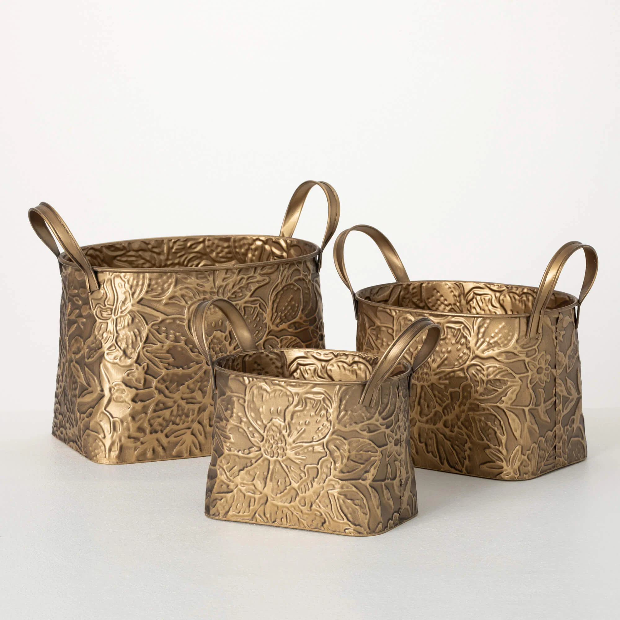 Traditional Botanical Embellished Brass Baskets Natural