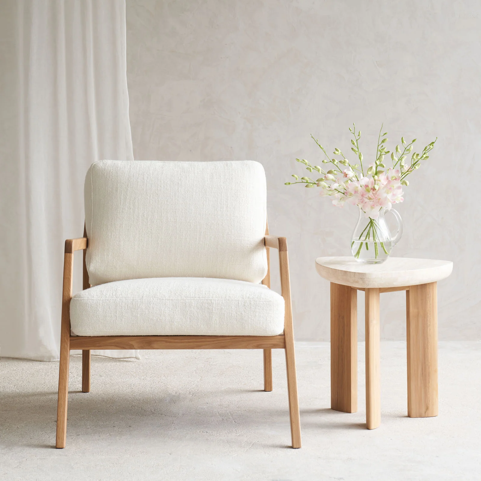 Green Nysse Fabric Armchair Oak Frame - Panna Cotta Efficient