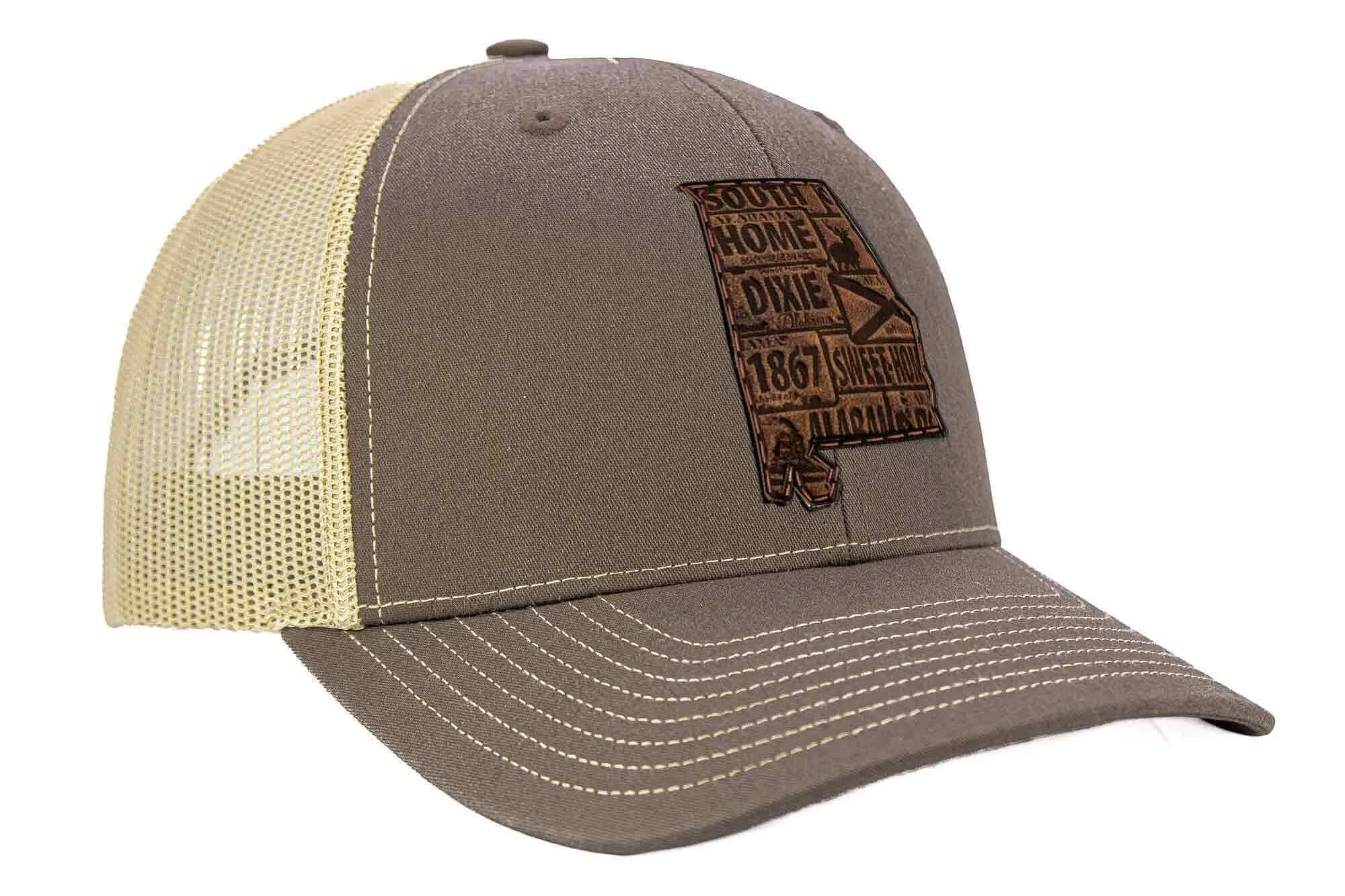 Organic Alabama Map Leather Patch Trucker Hat. Top-Quality