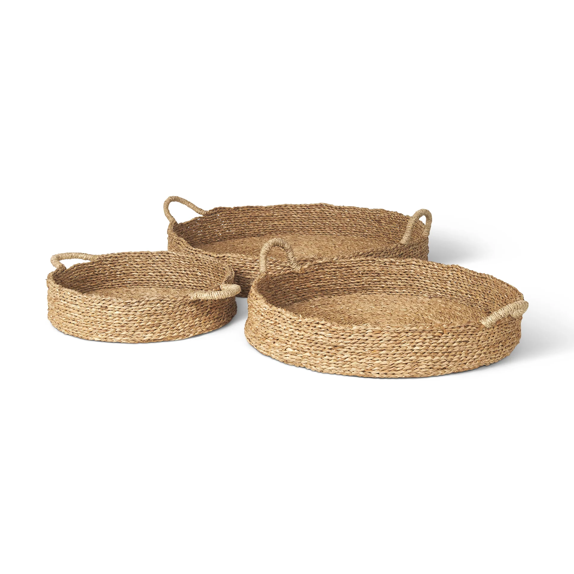 Fine Crafted Ulana Set of 3 Round Nesting Seagrass Trays w Loop Handles Genuine