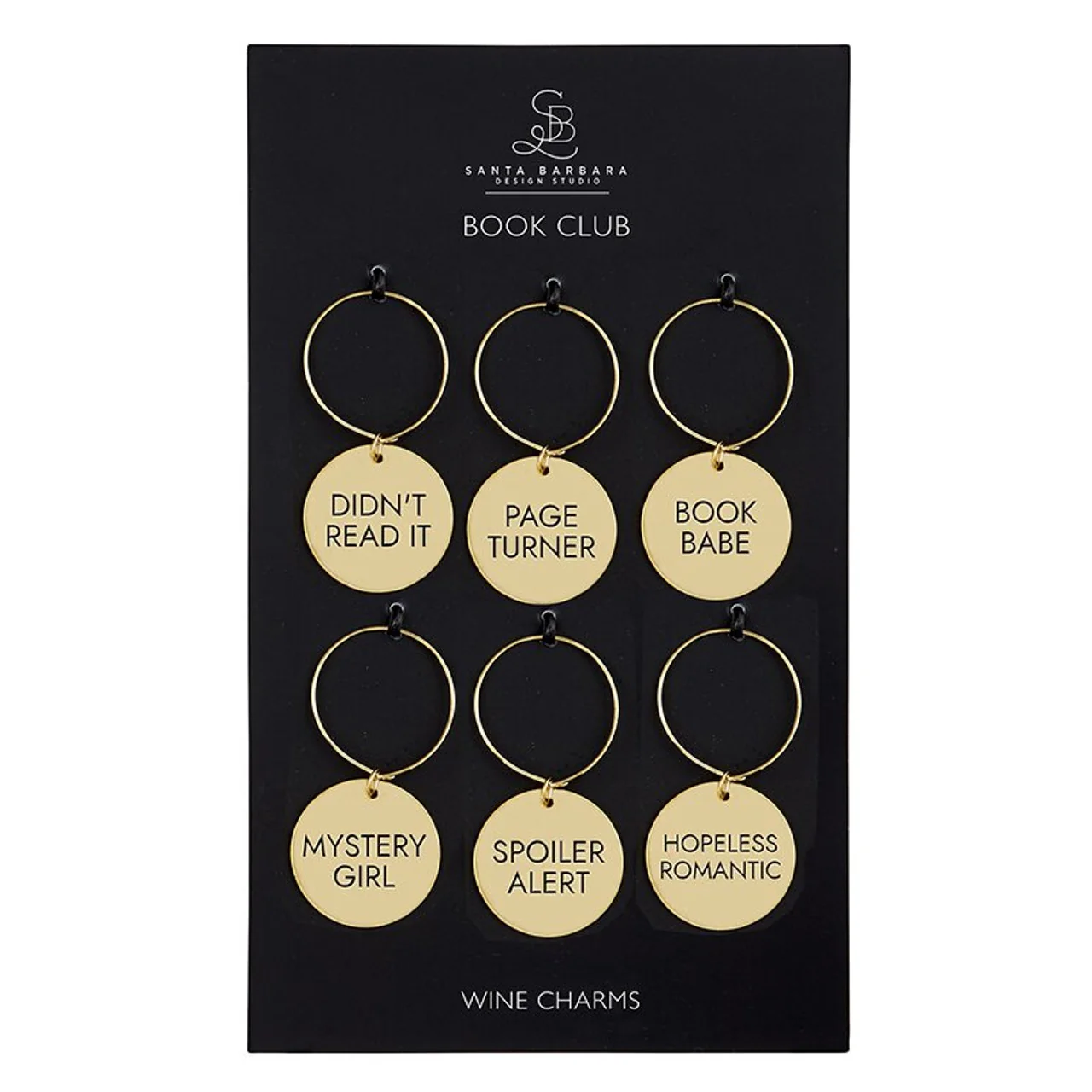 Carefully Designed Book Club Themed Wine Charm Set 6 pc Detailed