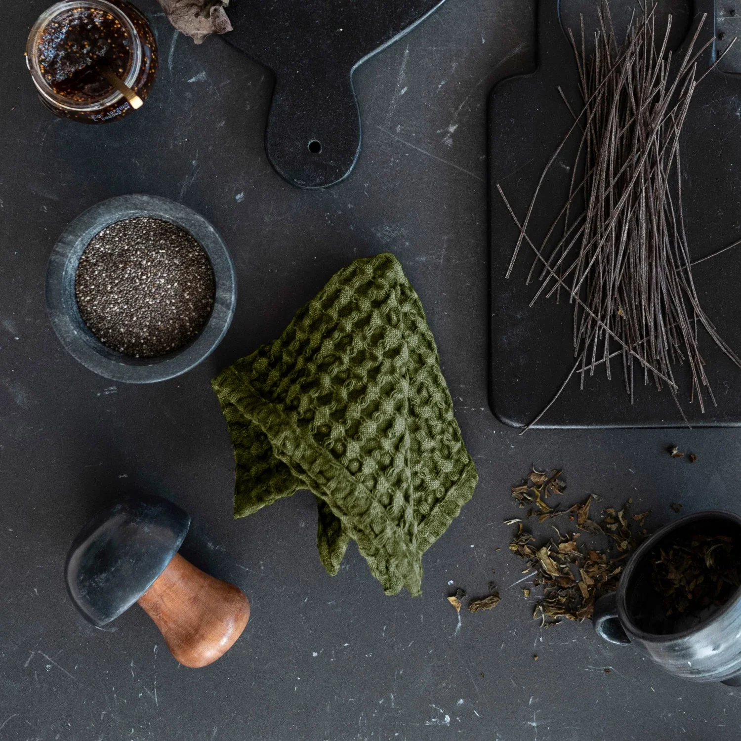 Solid Green Stonewashed Waffle Weave Towels Natural
