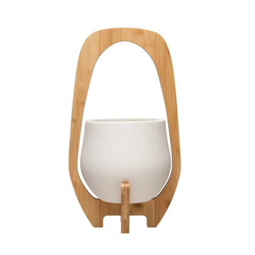 Sophisticated Stoneware Planter w Bamboo Stand in Matte White - Set of 2 Fashionable