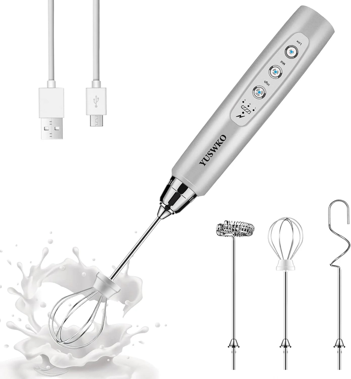 Luxury Yuswko Rechargeable Milk Frother Handheld with 3 Heads Silver Coffee Electric Whisk Drink Foam Mixer Next-Generation