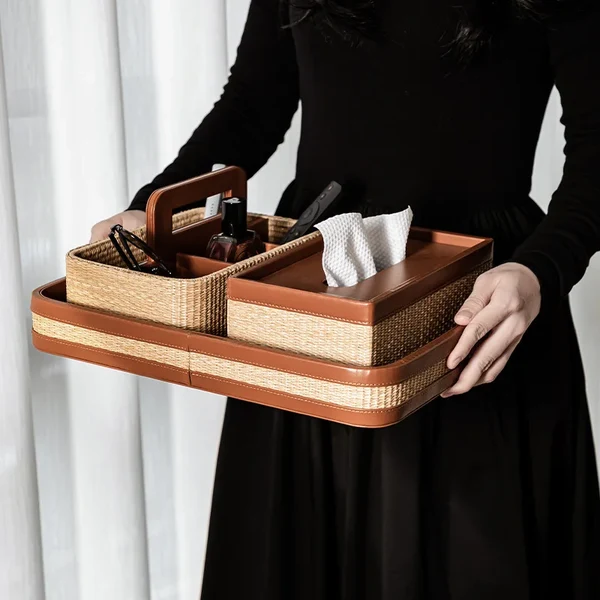 Advanced Luxury Natural Straw Leather Tissue Box Multifunctional Storage Set Secure