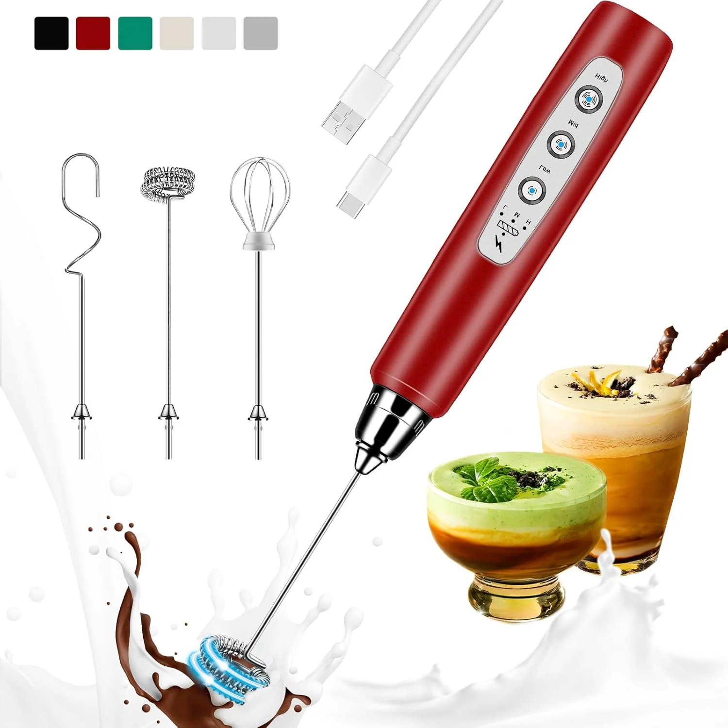 Sustainable Milk Frother Handheld Rechargeable Frother Wand Drink Mixer Electric Whisk for Coffee Detachable With 3 Stainless Whisks Hand Mixer for Lattes Powerful