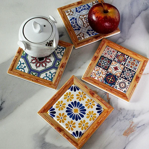 Verified Bohemian Hand-Painted Floral Tile Ceramic Coaster with Cork Base Table Decor Flexible
