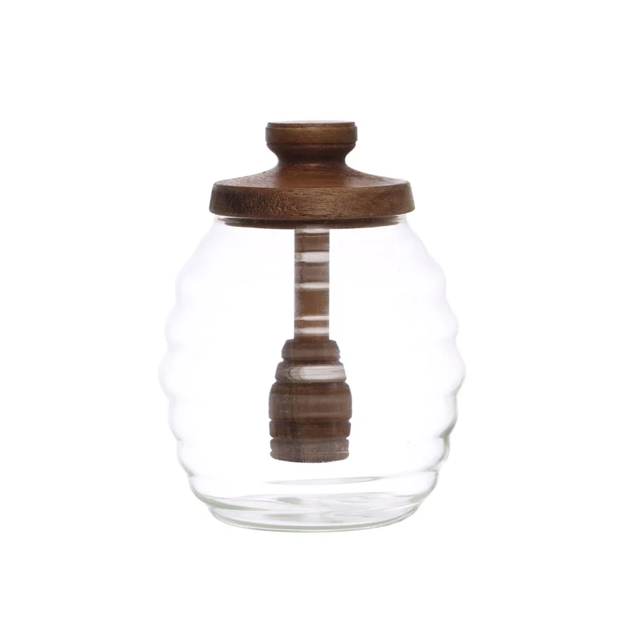 Genuine 14 oz Glass Honey Jar Wood Lid Dipper Selected