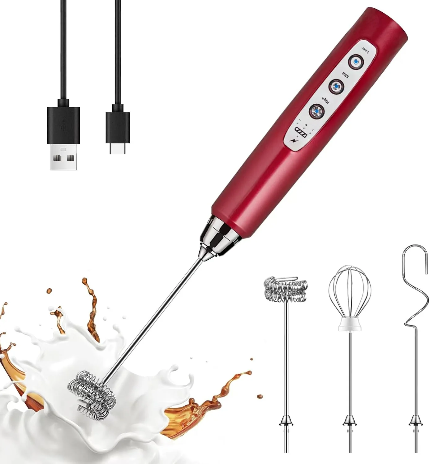 Durable Yuswko Red Milk Frother Handheld with 3 Heads Coffee Whisk Foam Mixer with USB Rechargeable 3 Speeds Electric Mini Hand Hand Frother for Latte Minimalist