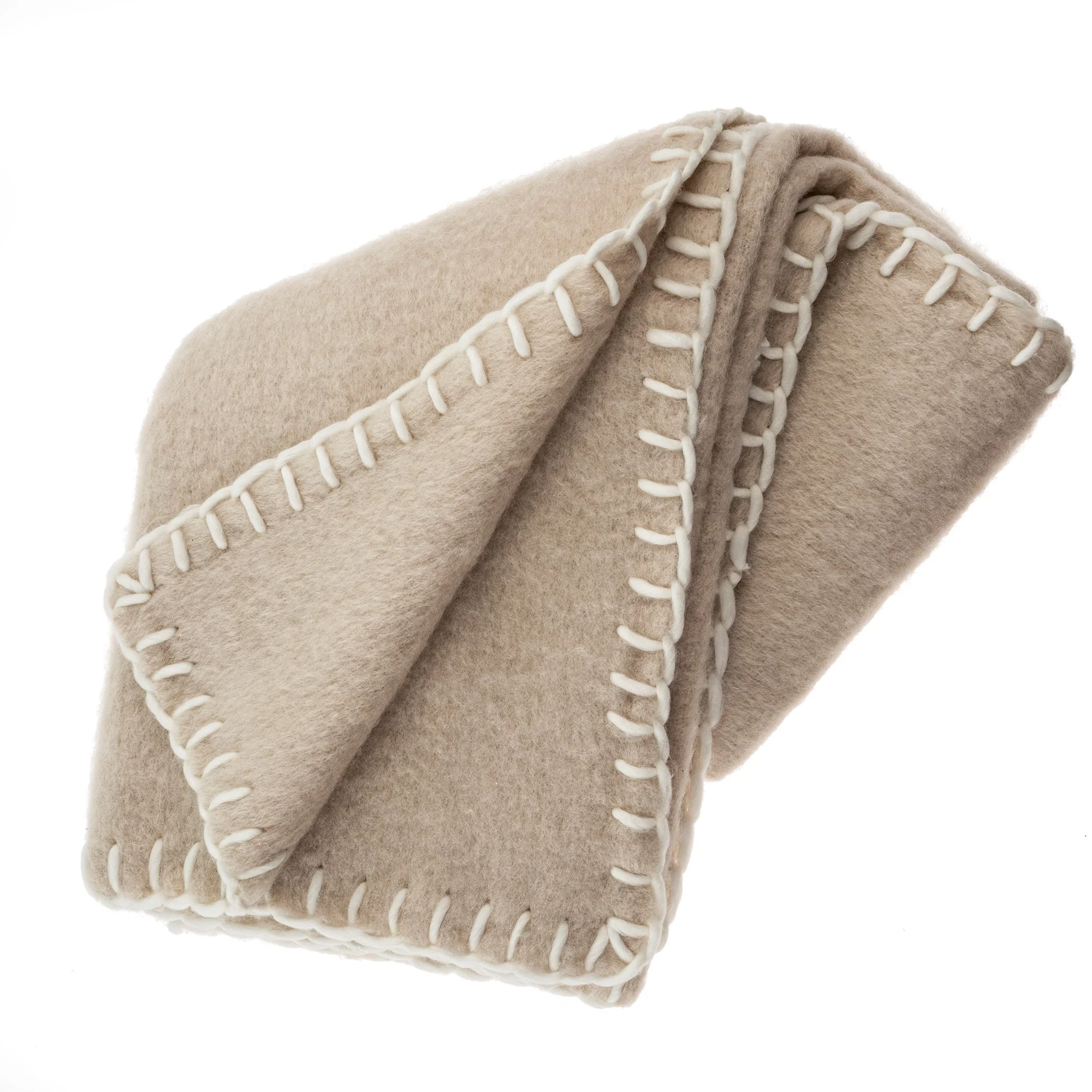 Trendy Blanket Stitch Wool Blend Throw Oat Lightweight