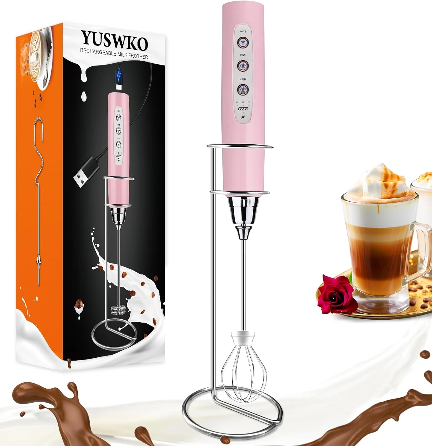 Effective Yuswko Pink Handheld Milk Frother Wand with Stand for Coffee Rechargeable Electric Whisk with 3 Heads 3 Speeds Drink Mixer Coffee Frother For Latte Functional