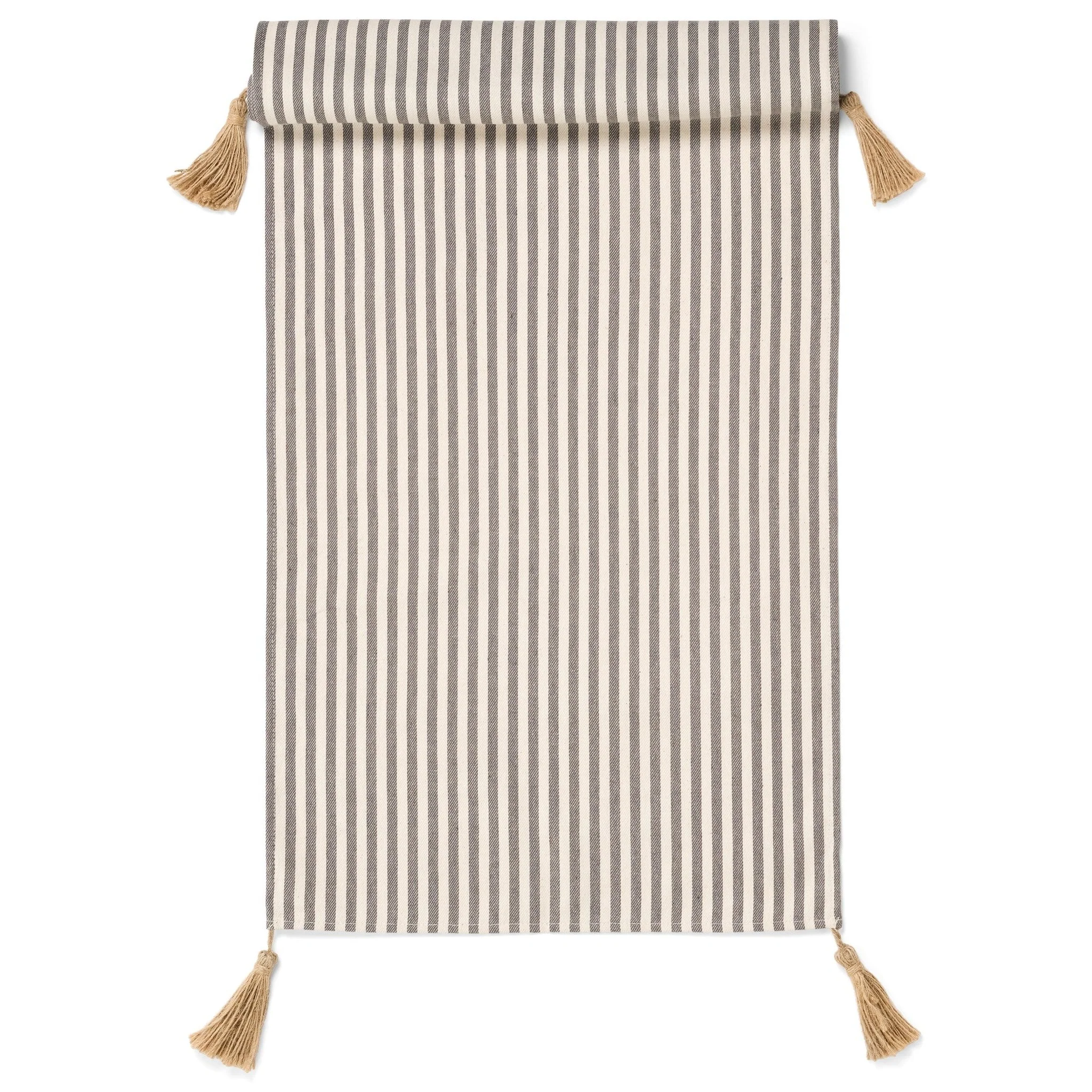 Prestigious Table Runner Cott Strip Jute Tassls Dark Grey-of White Fast